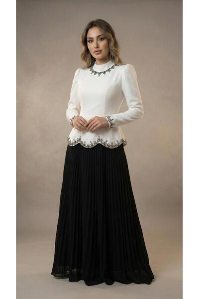 MİSS DİAMOND Crystal embellished pleated skirt black and white hijab evening ...