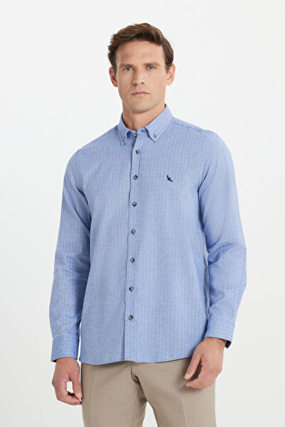 ALTINYILDIZ CLASSICS Men's Blue 100% Cotton Slim Fit Slim Fit Herringbone Pri...