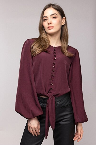 Saade Burgundy Balloon Sleeve Tie Detail Buttoned Blouse