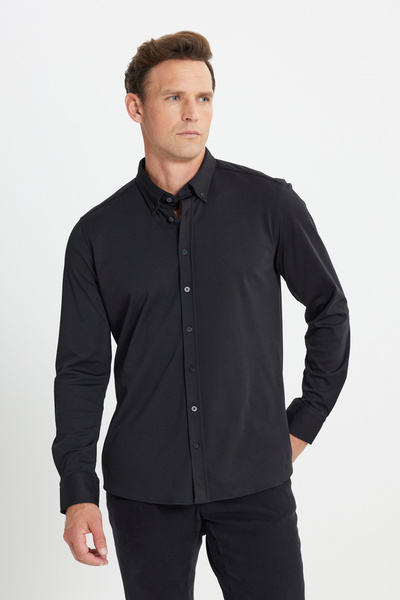 ALTINYILDIZ CLASSICS Men's Black Comfort Fit Wide Cut Button down Collar Cott...