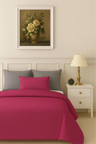 İQON Flat Sheet Duvet Cover Set 100% Cotton Single Size Fuchsia-Grey