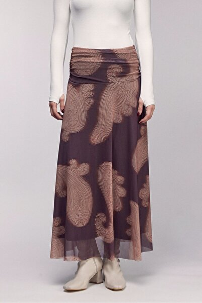 Saade Brown Shawl Patterned Waist Draped Flowy Skirt - Lined