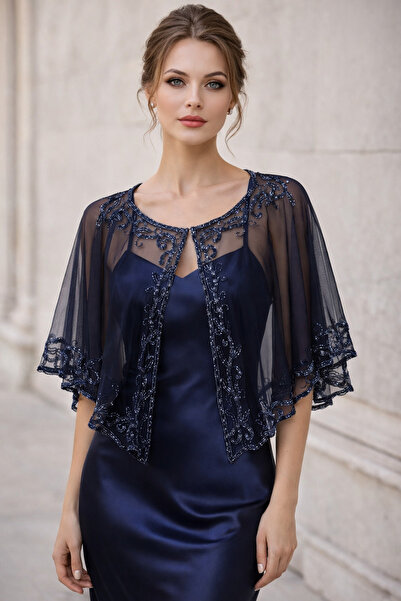 CROCUS DESIGN Black Tulle Navy Blue Beaded Wide Collar Shoulder Cape