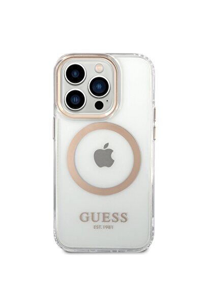 Guess Carcasă MagSafe cu contur metalic pentru iPhone 15 Pro, aurie