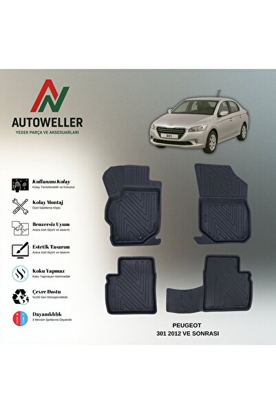 AutoWeller Peugeot 301 2012 Sonrası Havuzlu 3D TPE Oto Paspas Takımı