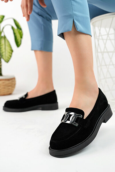 GRADA Μαύρα σουέτ γυναικεία παπούτσια loafer με αγκράφα από γνήσιο σουέτ και ...