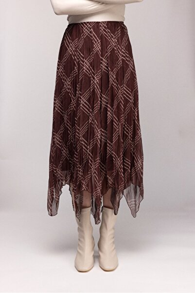 Saade Brown Plaid Patterned Asymmetrical Cut Pleated Skirt
