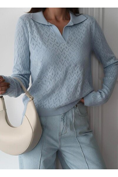 Maysev Polo Yaka Ajurlu Transparan Detaylı Uzun Kol Triko Top