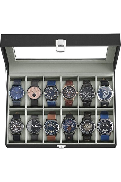 Generic Black faux leather watch display box with glass lid and metal clasp, ...
