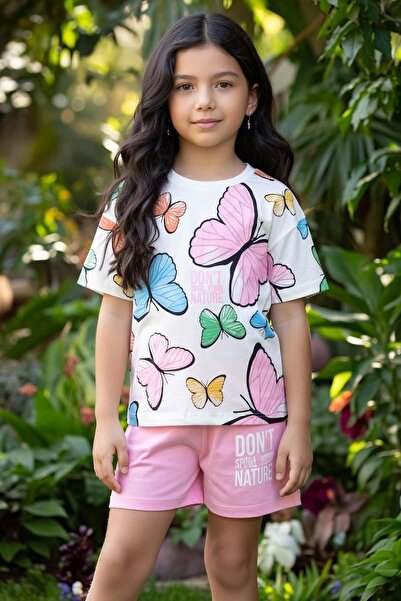 Riccotarz Girl's Colorful Digital Butterfly Printed T-Shirt with Pink Shorts Set