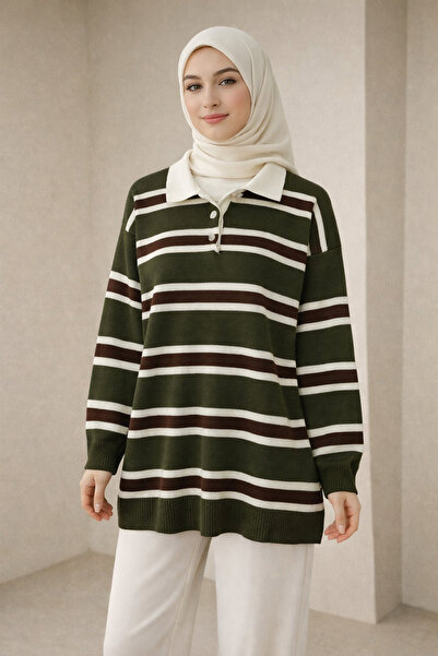 Kirazgym Women's Polo Neck Buttoned Colorful Striped Knit Sweater - Khaki