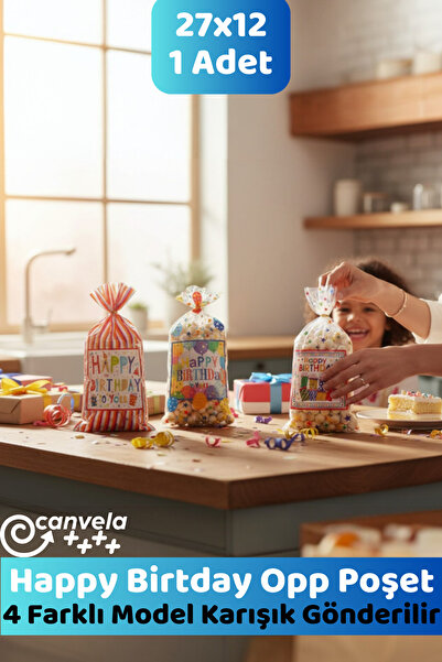 CANVELA 1 Adet Doğum Günü Temalı 27x12 Cm Yapışkansız Opp Poşet Happy Birtday...
