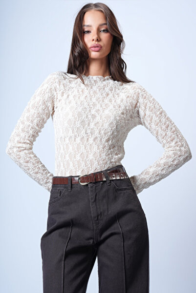 Trend Alaçatı Stili Cremefarbene Lycra-Spitzenbluse mit Stehkragen für Damen ...