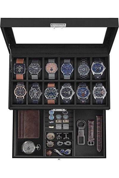 Generic Black faux leather watch display box with glass lid and metal clasp, ...