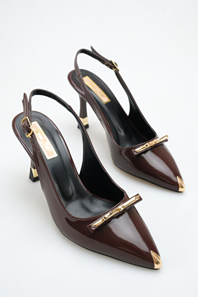 Sena Stil Open Back Beige Patent Leather Special Design Heeled 9cm Stylish Wo...