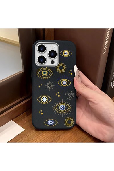 quırkshıeld iPhone 15 Pro Compatible Black Leather Textured Silicone Protects Camera Shock-Absorbing Case Evil Eye Bead