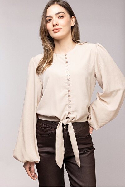Saade Stone Balloon Sleeve Buttoned Blouse with Tie Detail