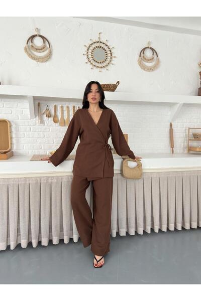 Nazline Women's Pocket Detailed Side Tie Elastic Waist Muslin Fabric Kimono Set