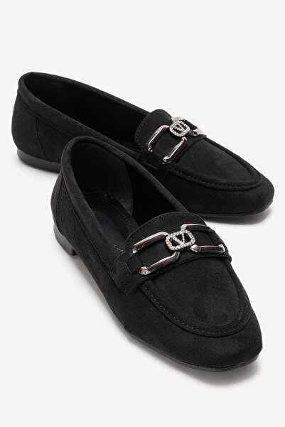 CCWAY AYAKKABI Women's V Stone Buckle Loafer Shoes Black Suede