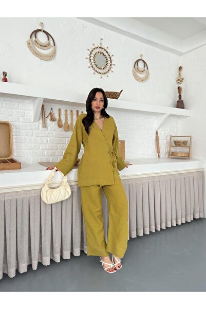 Nazline Women's Pocket Detailed Side Tie Elastic Waist Muslin Fabric Kimono Set