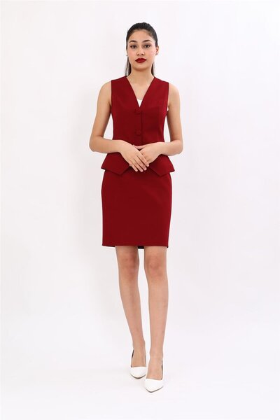 ÖNDER ÖZSOY V-Neck Short Women's Vest with Decorative Pockets - Burgundy