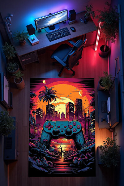 THEMODERNHANE Gamer Genç Odası Halısı Kaymaz Taban Makinede Yıkanabilir Gamin...