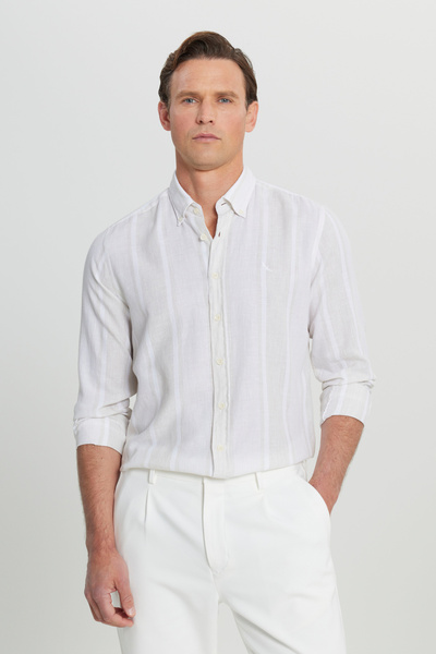 ALTINYILDIZ CLASSICS Ανδρικό πουκάμισο σε μπεζ-εκρού από βαμβακερό λινό εφαρμ...