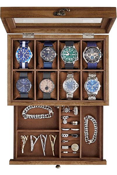 Generic Black faux leather watch display box with glass lid and metal clasp, ...