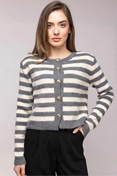 Saade Gray Striped Gold Buttoned Crew Neck Cardigan