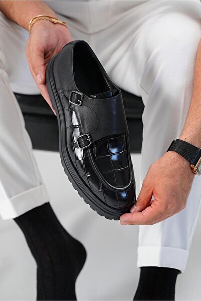 TETRİ Natali Model Hakiki Deri El Yapımı Erkek Siyah Kroko Deri Casual Ayakkabı