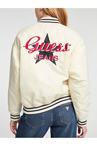 Guess Jeans Women's Varsity Jacket Stripe Detailed Beige Jacket