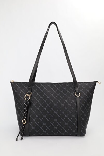 NOTHING Women's Monogram Black Ring Charm Detailed Zippered Shoulder Bag En42...