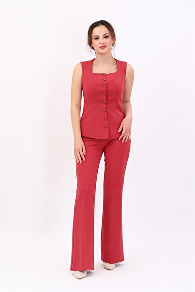 ÖNDER ÖZSOY Square Collar Buttoned Modern Vest & Elastic Flared Pants Women's...