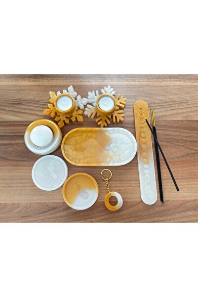 CAFİREL Sedefli Altın-Beyaz Renkli Tütsülük, Mumluk, Sunumluk, Hediyelik Set