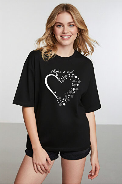 caddekombin Detaliu Steaua Luminoasă pentru Femei guler rotund Negru tricou