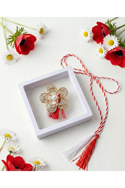 OEM Martisor Brooch 5 cm, Golden Flower with Crystals, in a 9x9 cm box with w...