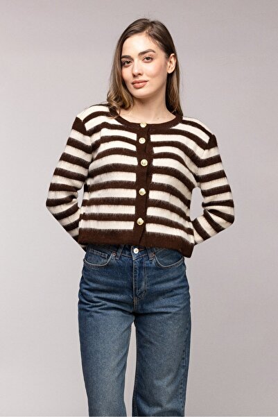 Saade Brown Striped Gold Buttoned Crew Neck Cardigan