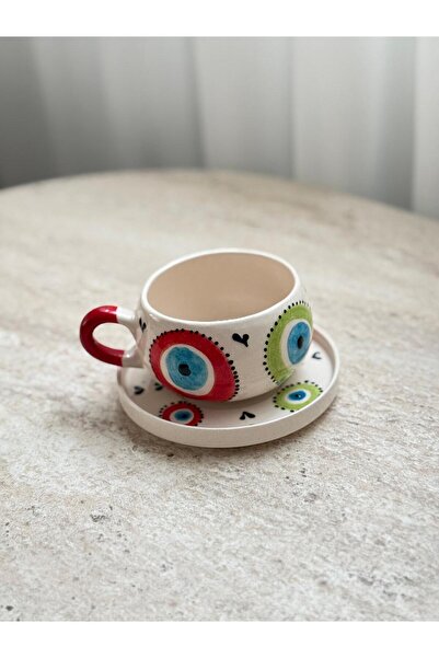 Home Nazar Boncuklu Çok Renkli Desenli El Yapımı Seramik Tabaklı Kupa Kahve Ç...