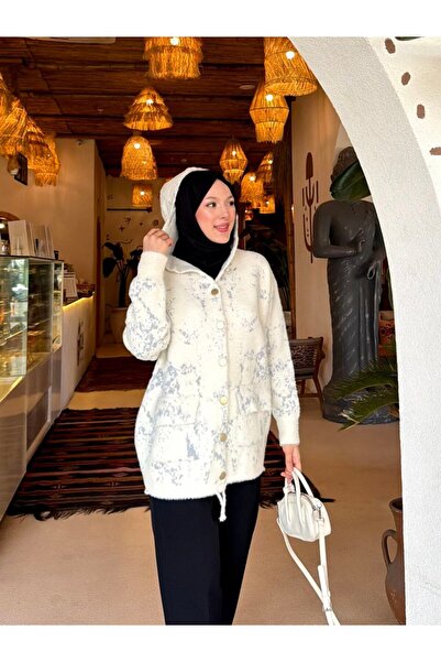 PİNK FLY Angora Fabric Shiny Patterned Pocketed Hooded Cardigan