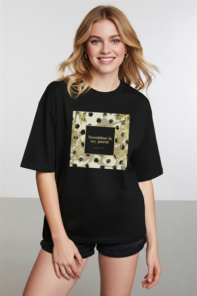 caddekombin Gold cu imprimeu Sunshine pentru femei, negru, tricou