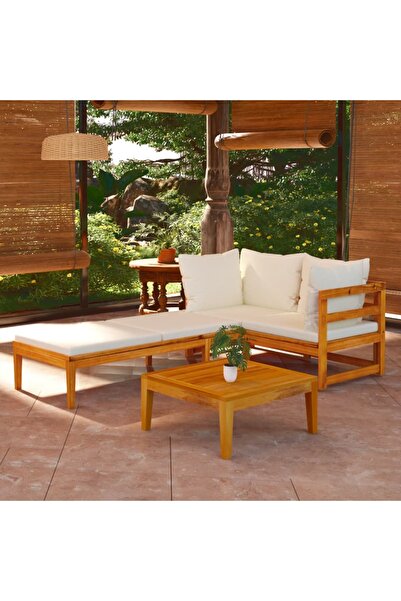 vidaxl 3 Piece Garden Lounge Set with Cream White Cushions Acacia Wood