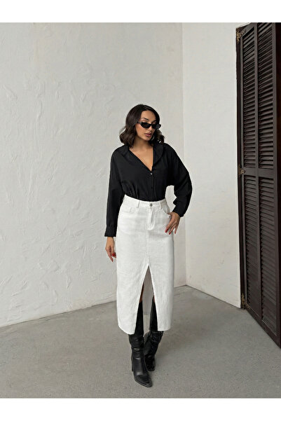 Blue Wings Cut-Out Hem Front Slit Linen Skirt