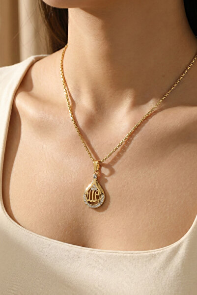 Happy Vibes Allah Written Zircon Stone Drop Necklace Gold Silver Women