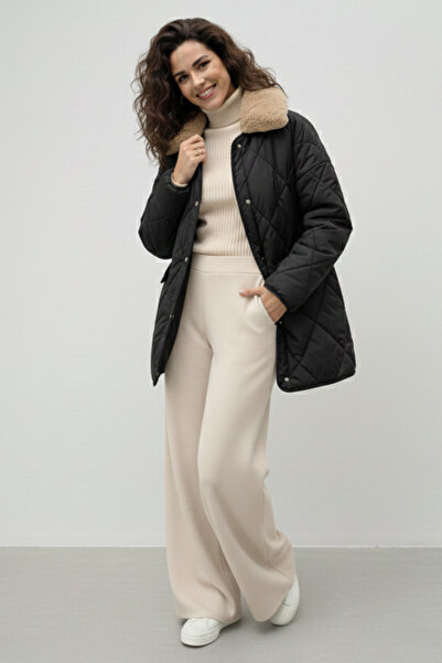 benguen Quilted Coat with Fur Collar K9180-1 Black