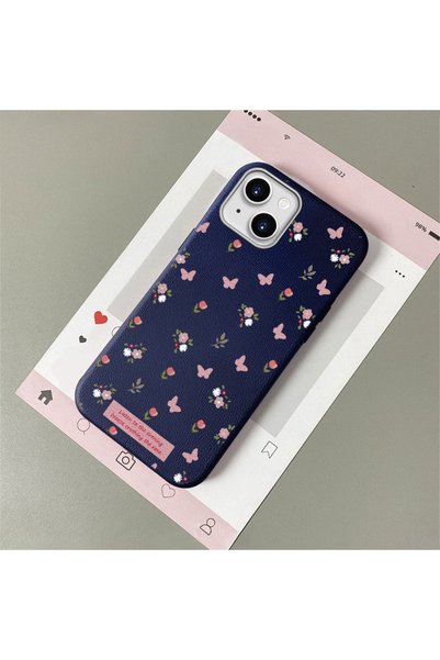 quırkshıeld Blue Leather Texture Silicone Compatible with iPhone 14 Plus/15 Plus Protects Camera Shock-Absorbing Case Flower