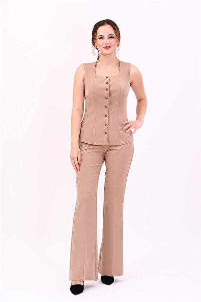 ÖNDER ÖZSOY Square Neck Buttoned Modern Vest & Elastic Flared Pants Women's S...