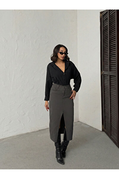 blue wings denım co. Cut-Out Hem Linen Skirt with Slit