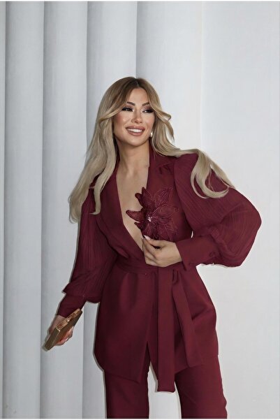 1Moda1Tarz Imported Atlas Fabric Sleeves Chiffon Pleated Rose Detail Belted L...