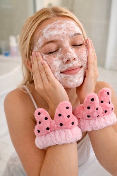 TAKIŞTIR Pembe Renk İkili Kurdele Figürlü Peluş Su Tutucu Havlu Bileklik