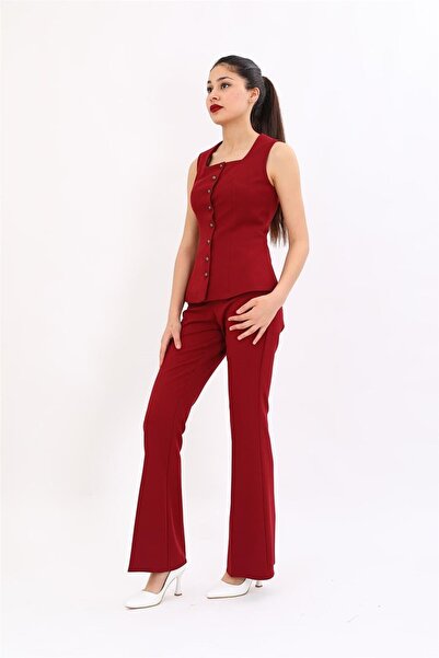 ÖNDER ÖZSOY Square Collar Buttoned Modern Vest & Elastic Flared Pants Women's...